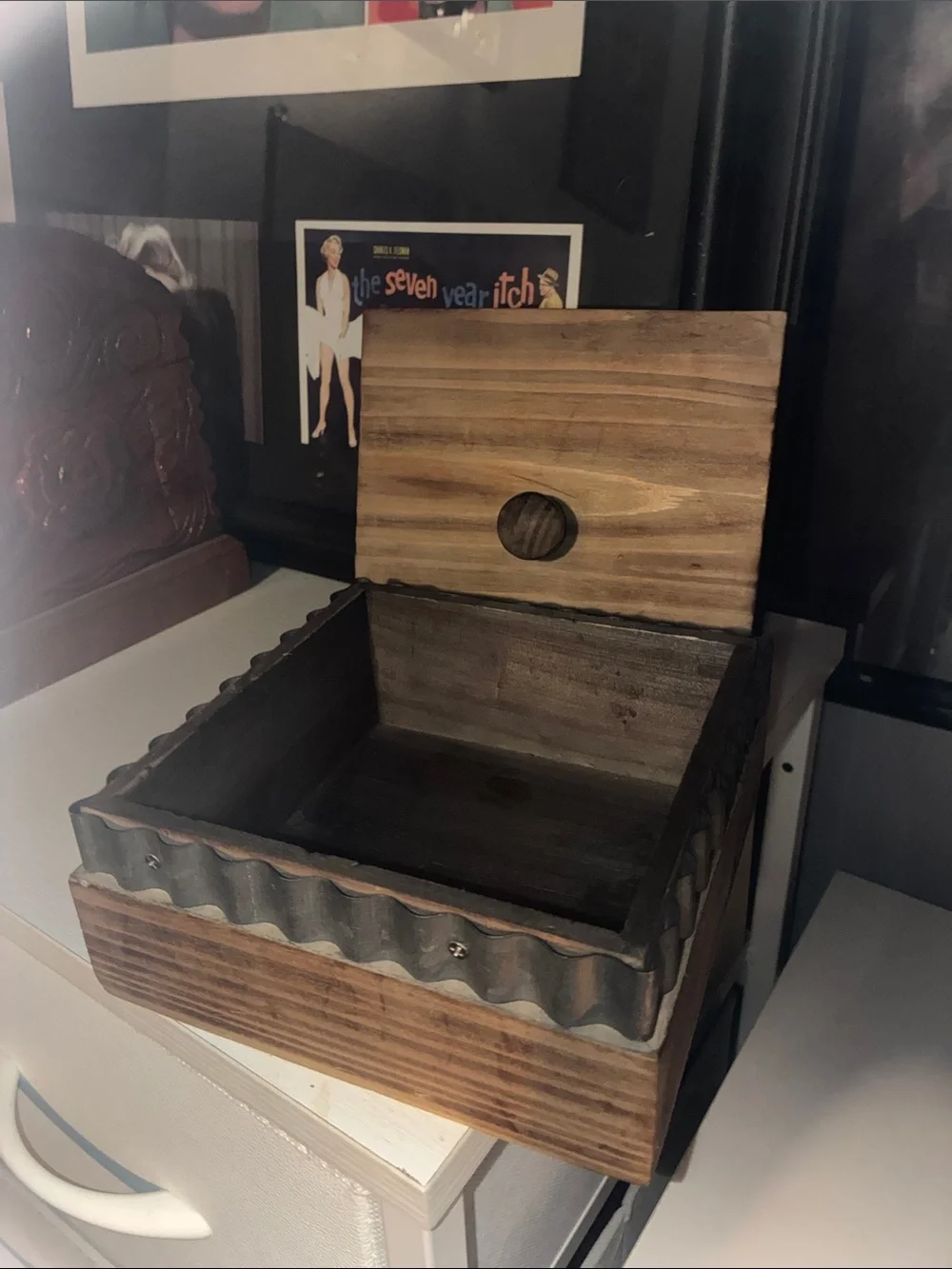 Handcrafted Wood Storage Box with Corrugated Metal Trim